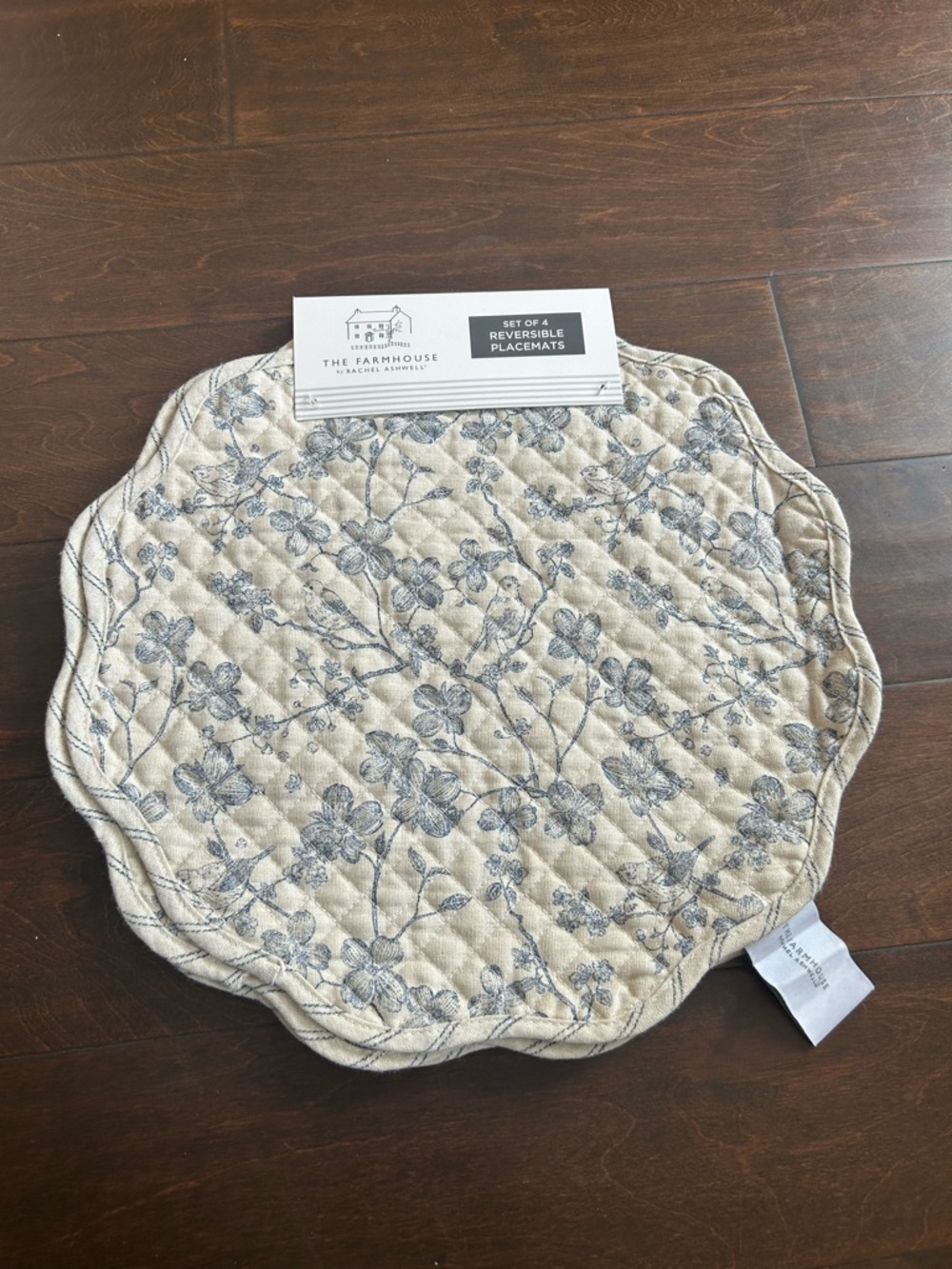 Rachel Ashwell Set Of 4 Quilted Placemats New Beige Blue Floral Birds Stripes